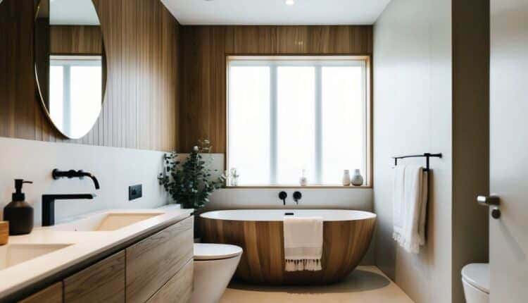 Quais cores combinam com um banheiro amadeirado e branco?