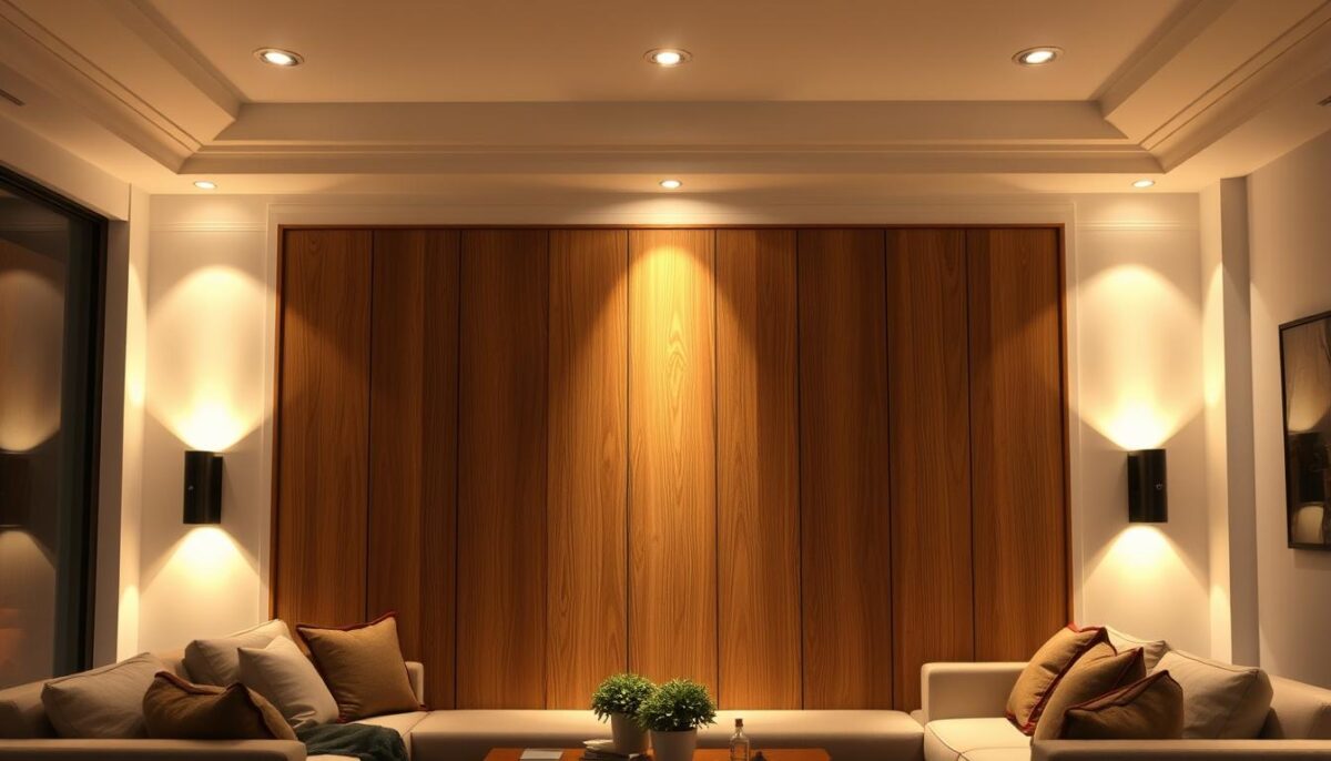 Essa ideia de painel de madeira transforma a sala inteira