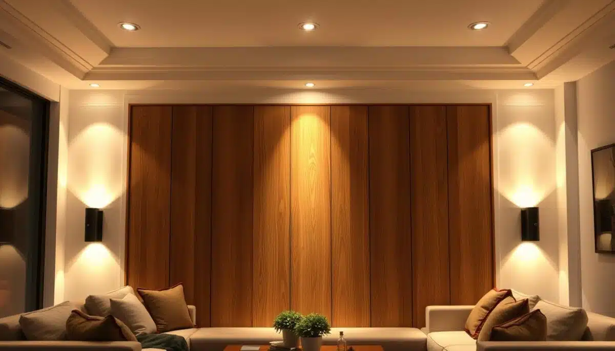 Essa ideia de painel de madeira transforma a sala inteira