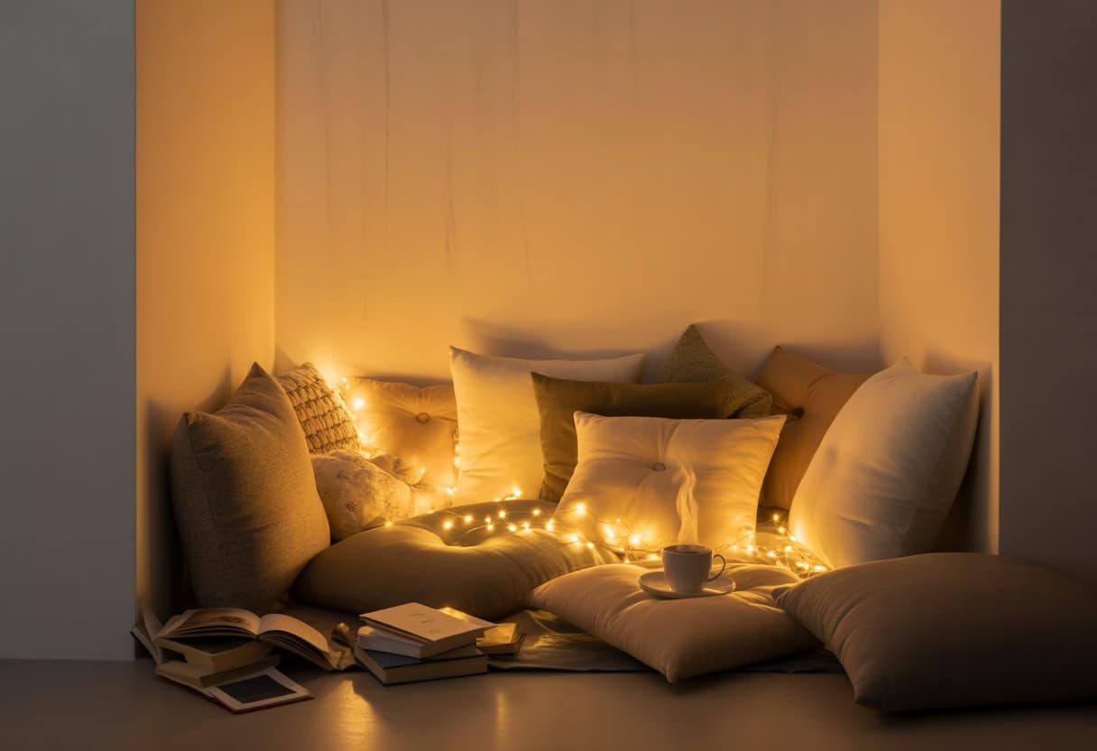 Meu cantinho de leitura: só almofadas, luz suave e muito aconchego
