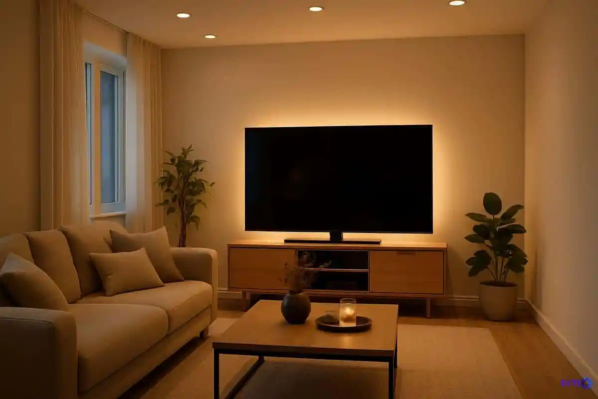 Sala de TV aconchegante com sofá, TV grande na parede, iluminação suave e plantas decorativas.