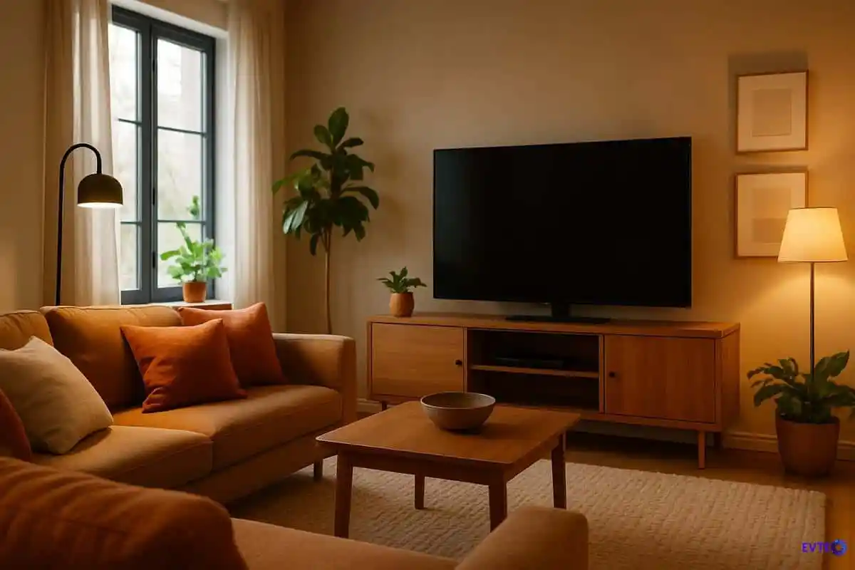 Sala de TV acolhedora com sofá confortável, iluminação suave, plantas e decoração moderna.